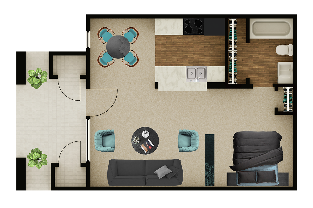 Floor plan for studio, 1 bath, 480 sqft